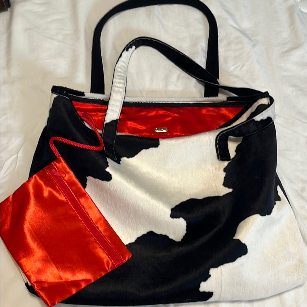 Cow print Stylish Black and White Tote Bag with Red Accents